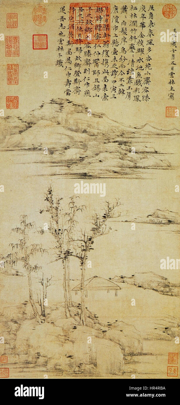 'Ni Zan Taipei' refers to a landscape painting by the Chinese artist Ni Zan. It depicts a tranquil natural scene, characterized by simple brushstrokes and an emphasis on ink wash techniques typical of Yuan Dynasty Chinese landscape painting. Stock Photo