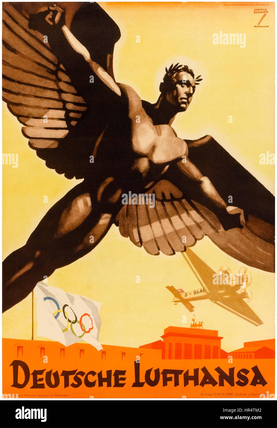 “Deutsche Lufthansa” poster for German airlines promoting the 1936 Olympic Games in Nazi Germany, note the partially obscured swastika on the tailfin of the aircraft flying low over the Brandenburg Gate. Artwork by the prolific artist Ludwig Hohlwein (1874-1949). Stock Photo