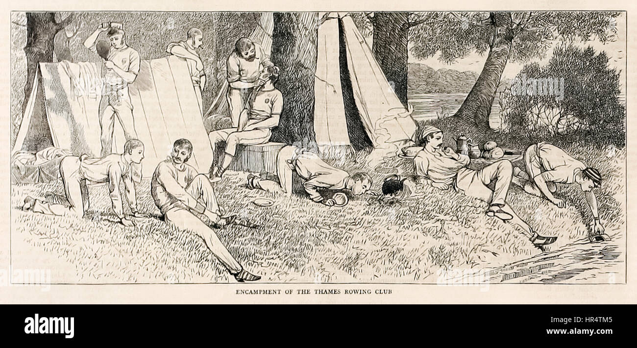 “Encampment of the Thames Rowing Club.” from ‘Sketches from a steam launch at Henley Regatta’ published in July 1878. Stock Photo