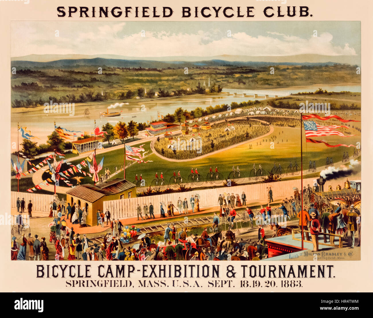 “Springfield Bicycle Club” colour lithograph showing the Bicycle Camp-Exhibition & Tournament held over 3 days in Hampden Park, Springfield, Massachusetts 18-20 September 1883. This was the largest  bicycle meet ever held at the time and made the club a handsome profit. Stock Photo