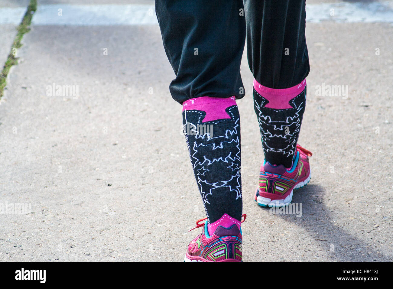 HOUSTON, TX/USA?? NOVEMBER 12, 2016: Colorful boot-like socks on a participant in The 2016 Boot Walk to End Cancer held by The University of Texas MD Stock Photo