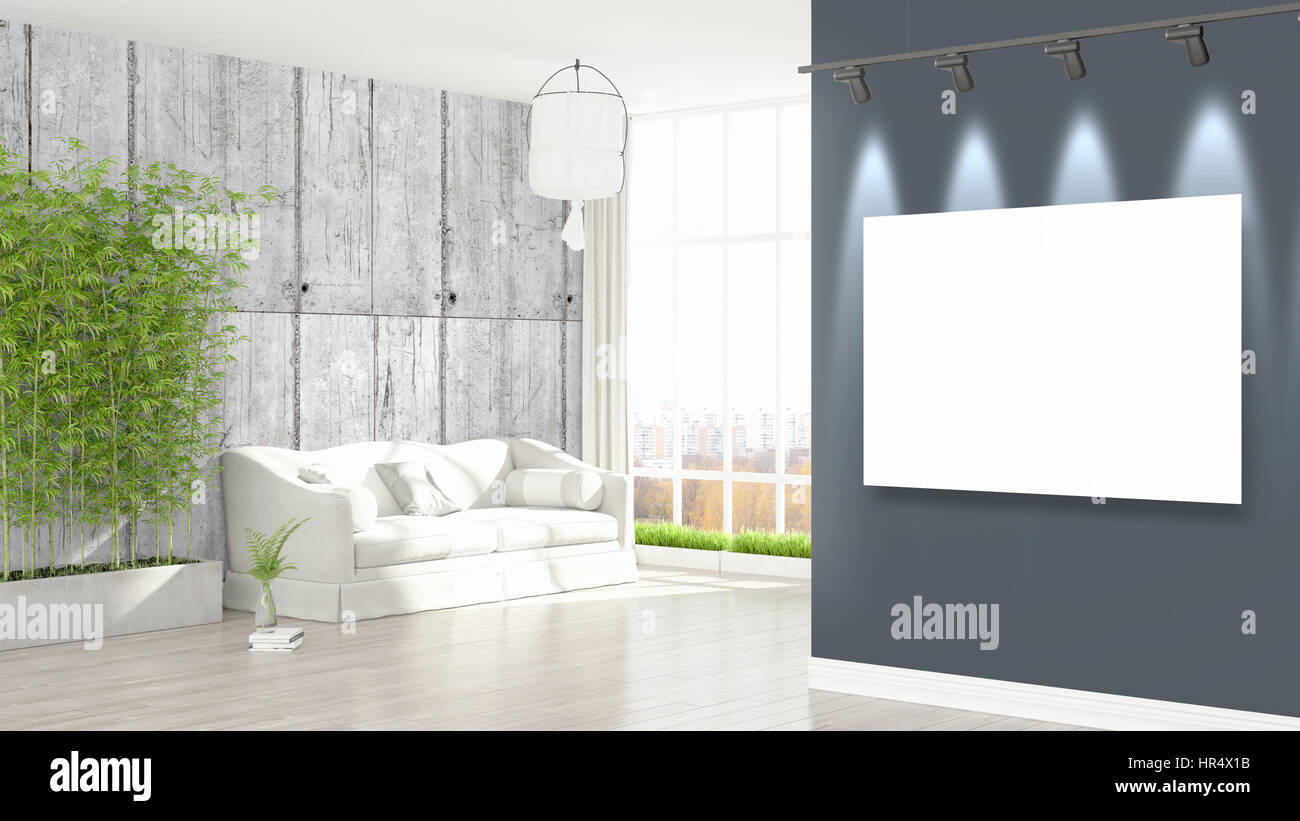 Modern interior with empty frame . 3D rendering Stock Photo - Alamy