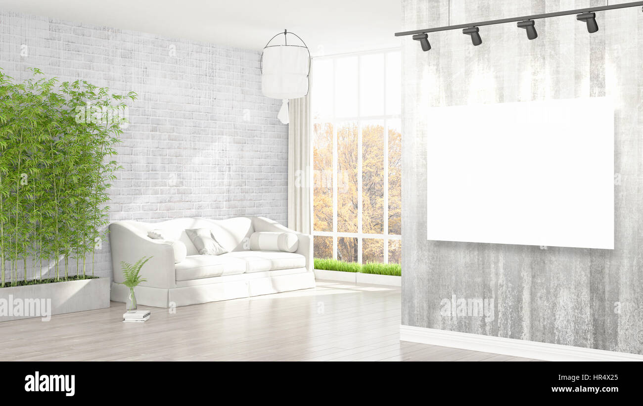 Modern interior with empty frame . 3D rendering Stock Photo - Alamy