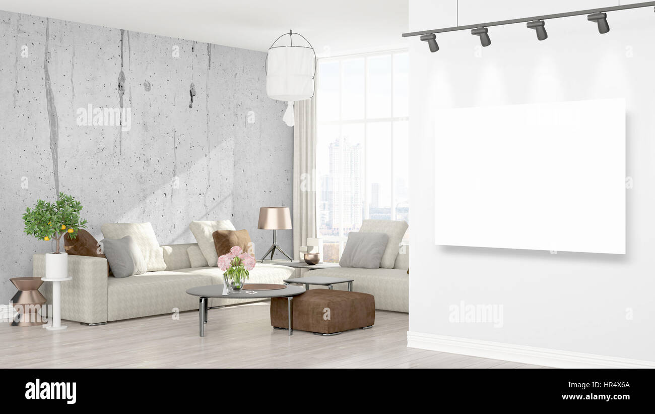 Modern interior with empty frame . 3D rendering Stock Photo - Alamy