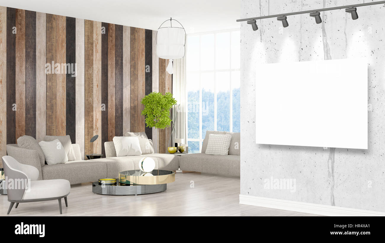 Modern interior with empty frame . 3D rendering Stock Photo - Alamy