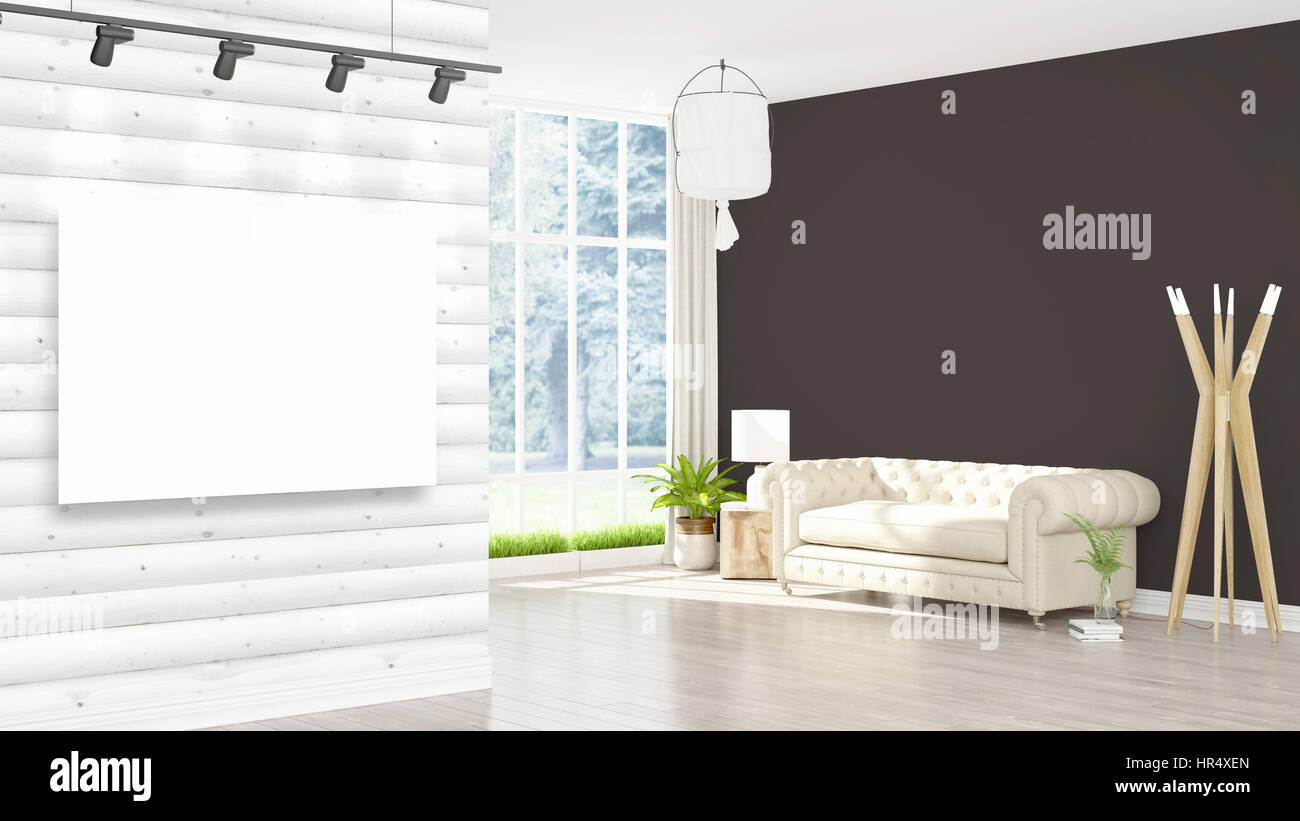 Modern interior with empty frame . 3D rendering Stock Photo - Alamy
