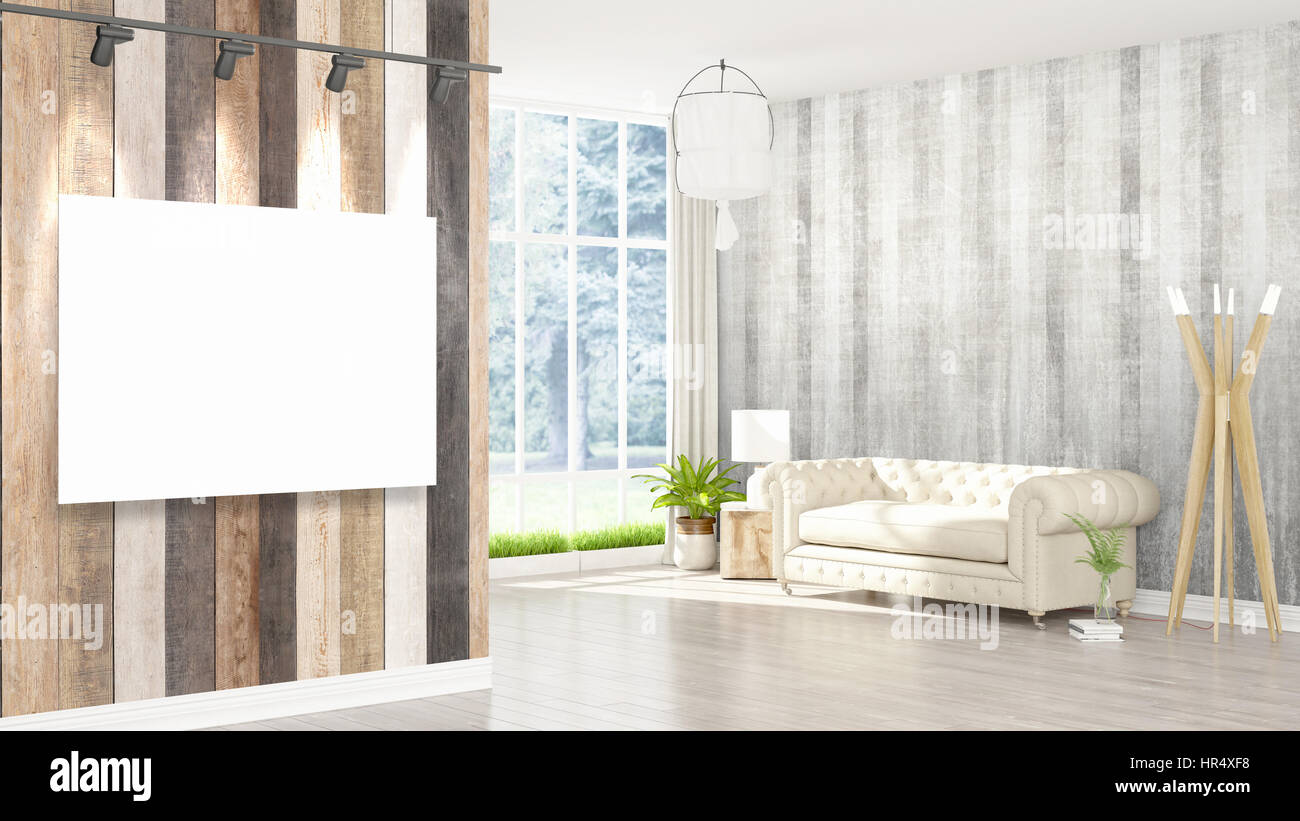 Modern interior with empty frame . 3D rendering Stock Photo - Alamy