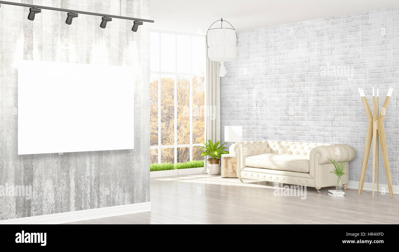 Modern interior with empty frame . 3D rendering Stock Photo - Alamy