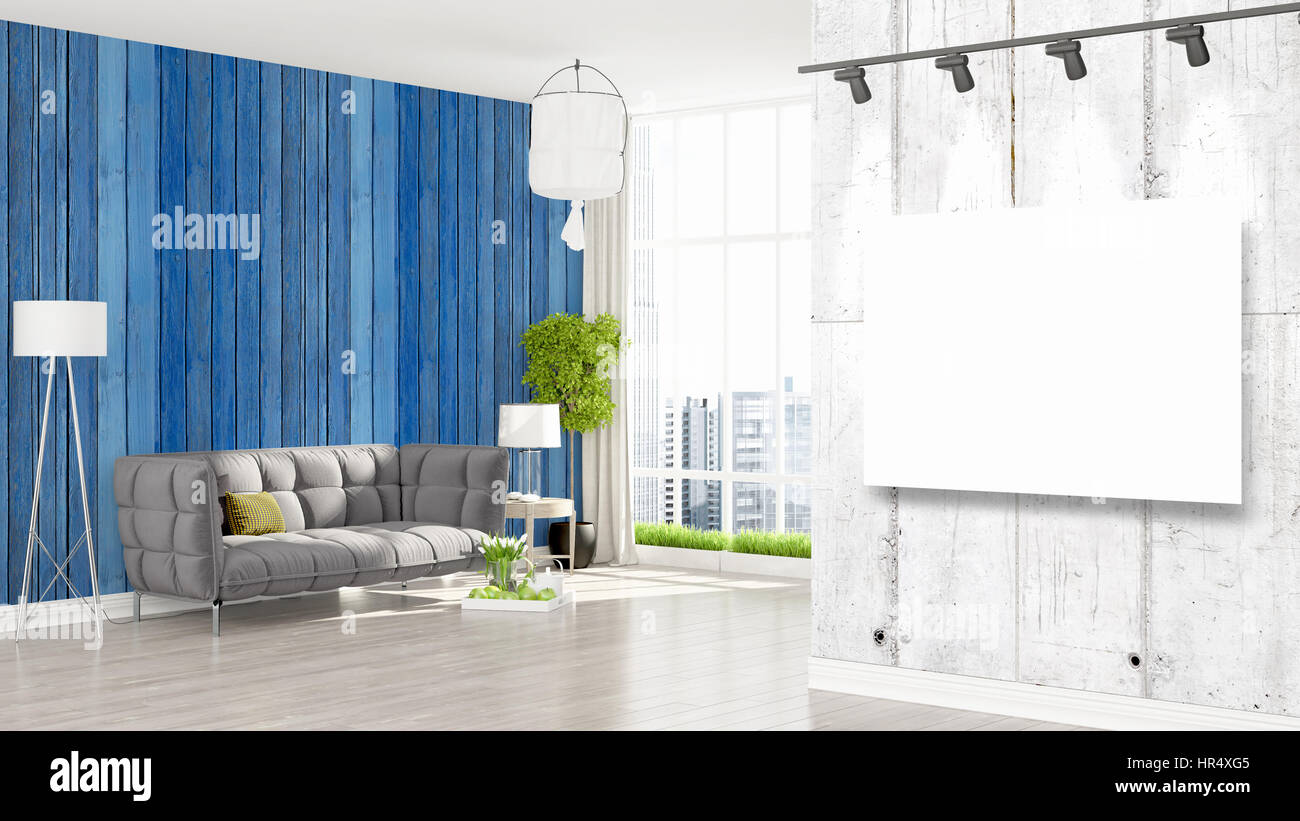 Modern interior with empty frame . 3D rendering Stock Photo - Alamy