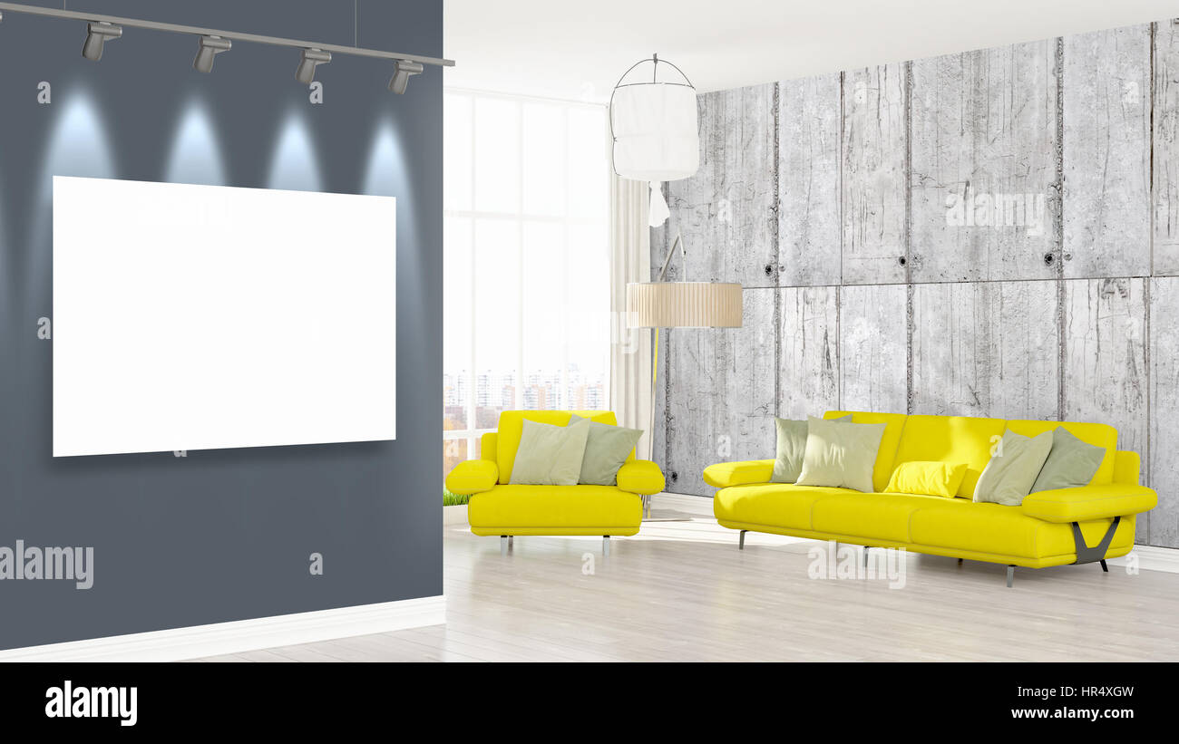 Modern interior with empty frame . 3D rendering Stock Photo - Alamy
