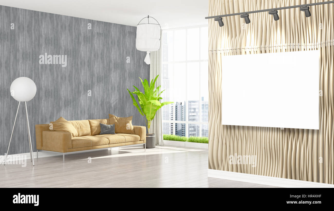 Modern interior with empty frame . 3D rendering Stock Photo - Alamy