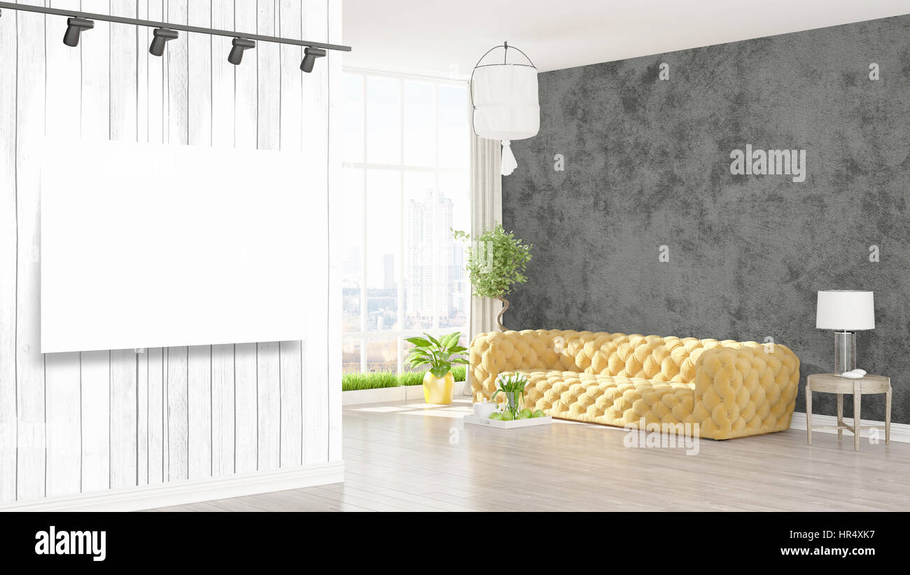 Modern interior with empty frame . 3D rendering Stock Photo - Alamy