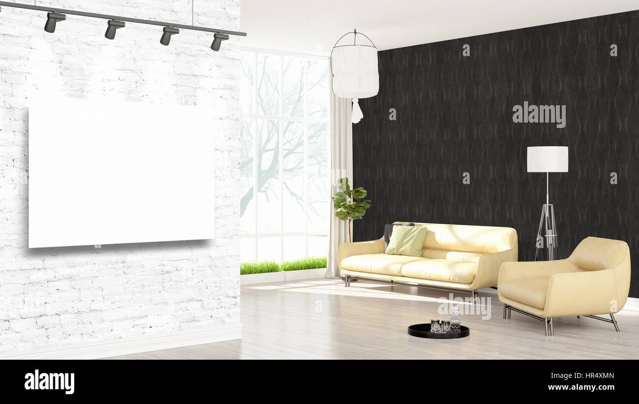 Modern interior with empty frame . 3D rendering Stock Photo - Alamy