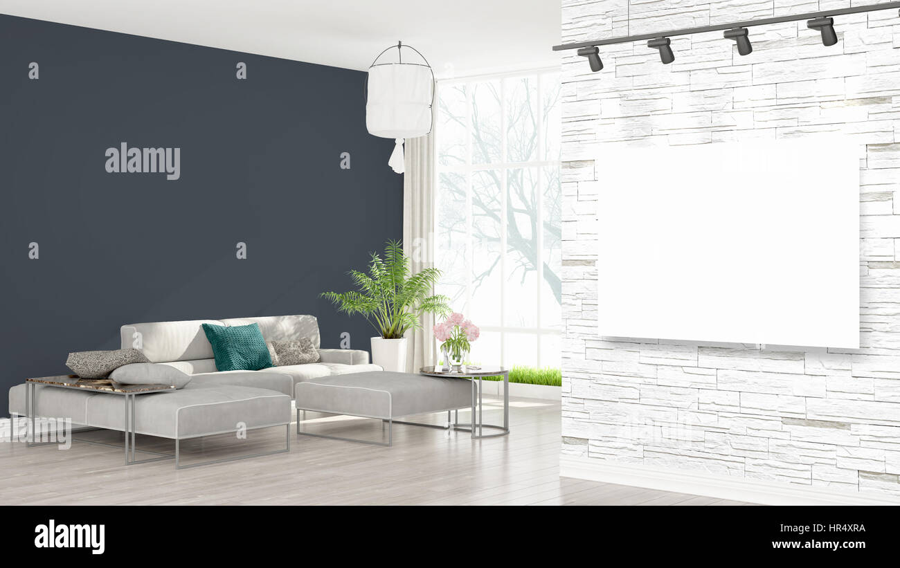 Modern interior with empty frame . 3D rendering Stock Photo - Alamy