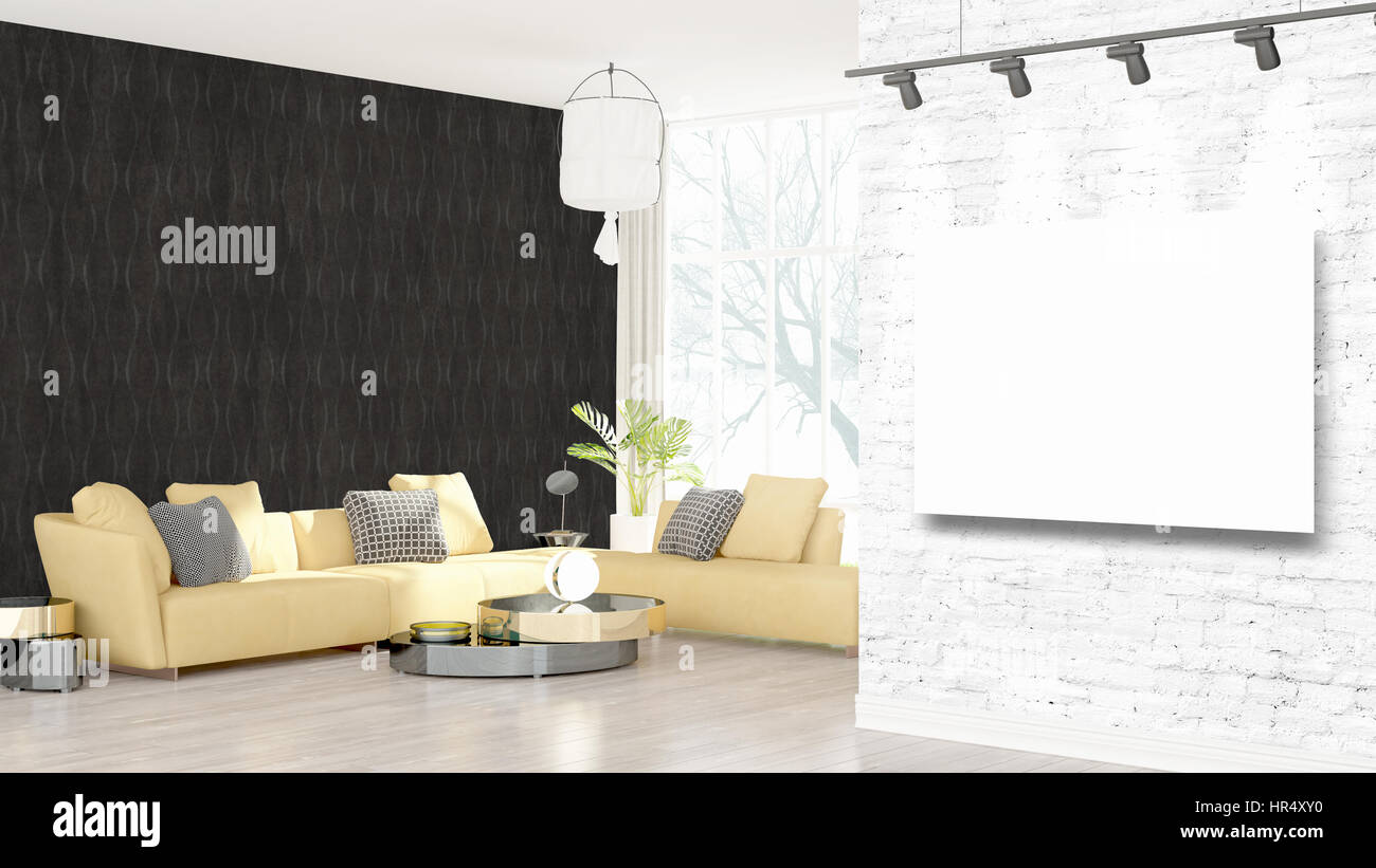Modern interior with empty frame . 3D rendering Stock Photo - Alamy