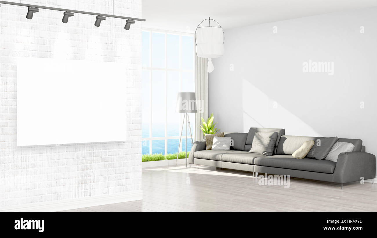 Modern interior with empty frame . 3D rendering Stock Photo - Alamy