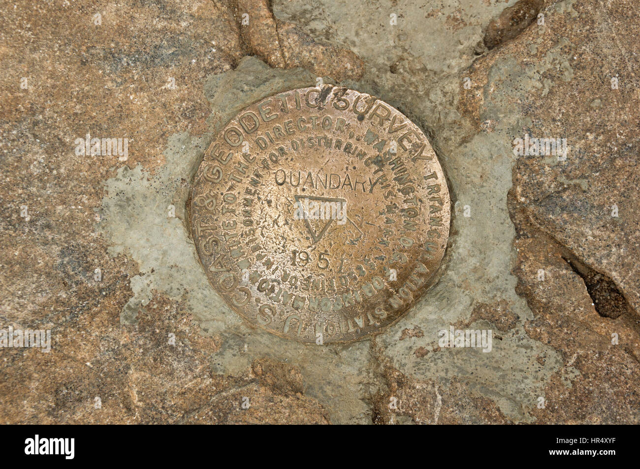 the bench mark on the summit of Quandary Peak, a popular fourteener mountain in Colorado Stock Photo