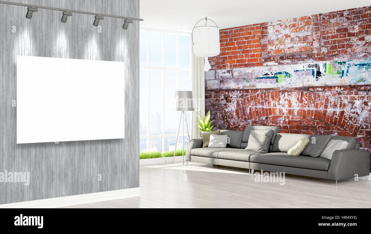 Modern interior with empty frame . 3D rendering Stock Photo - Alamy