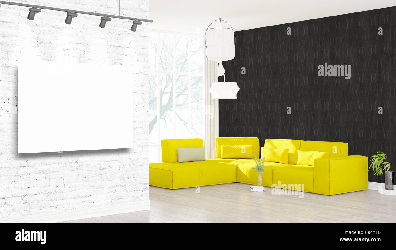 Modern interior with empty frame . 3D rendering Stock Photo - Alamy
