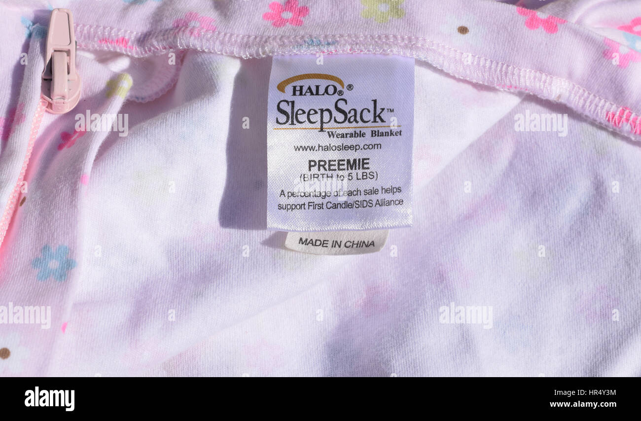 Close up of a Sleep Sack Preemie baby clothing label Stock Photo