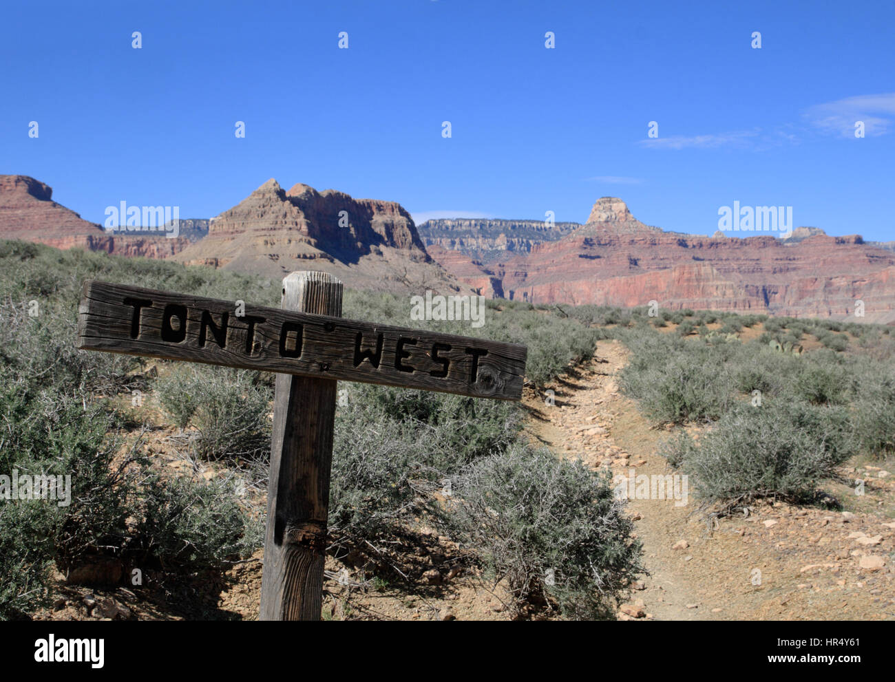 Tonto West Trail and trail sign in the Grand Canyon Stock Photo