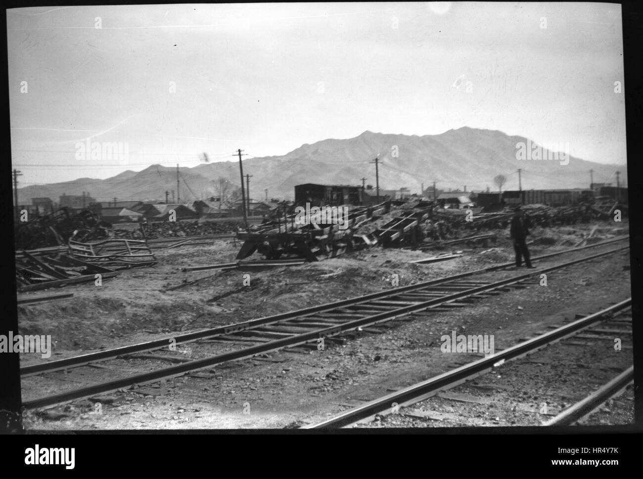 Train tracks in 1950 during the Korean War. Stock Photo