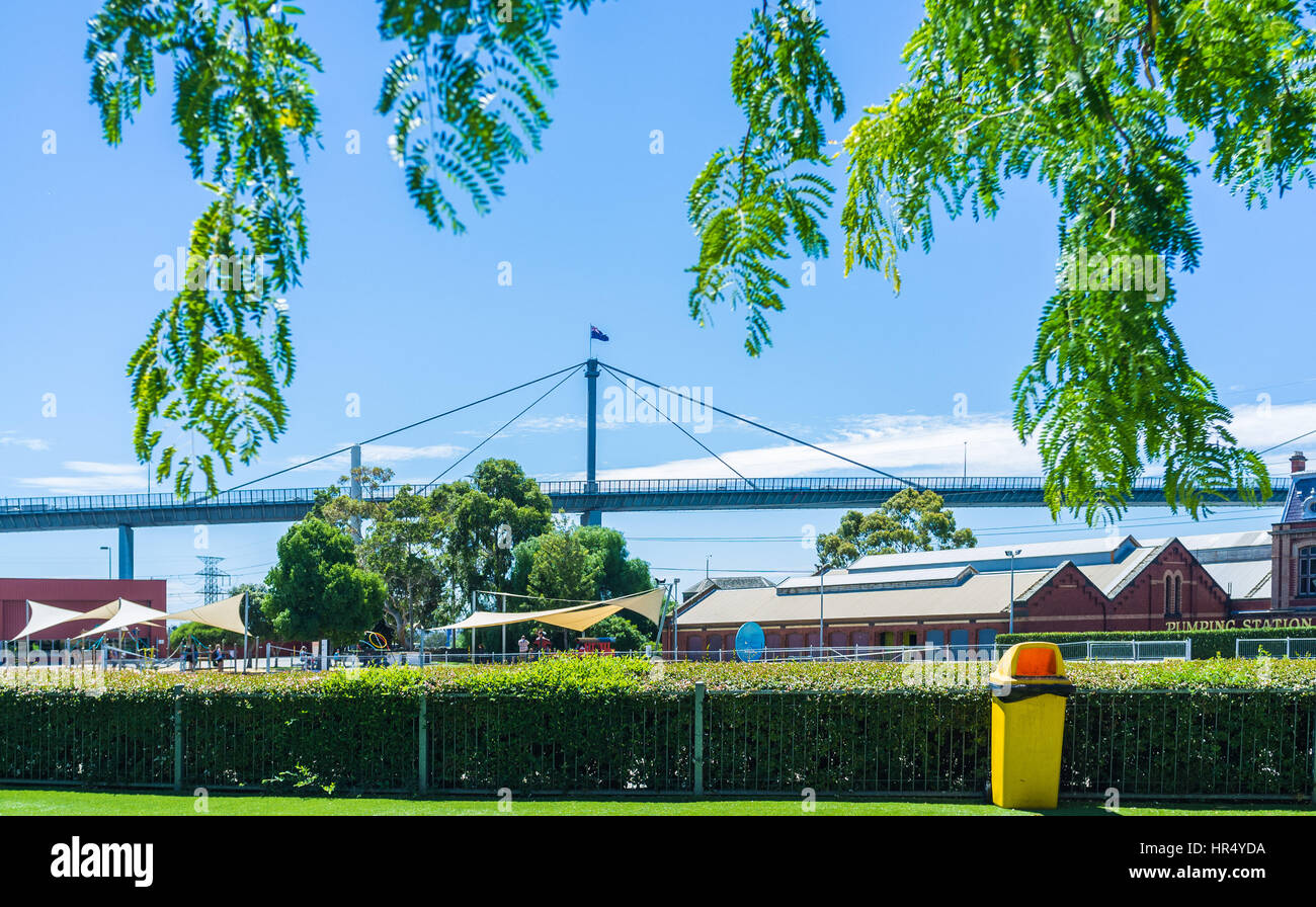 Part of West Gate Bridge with Australian Flag on bright sunny day. Melbourne, Victoria, Australia. Stock Photo