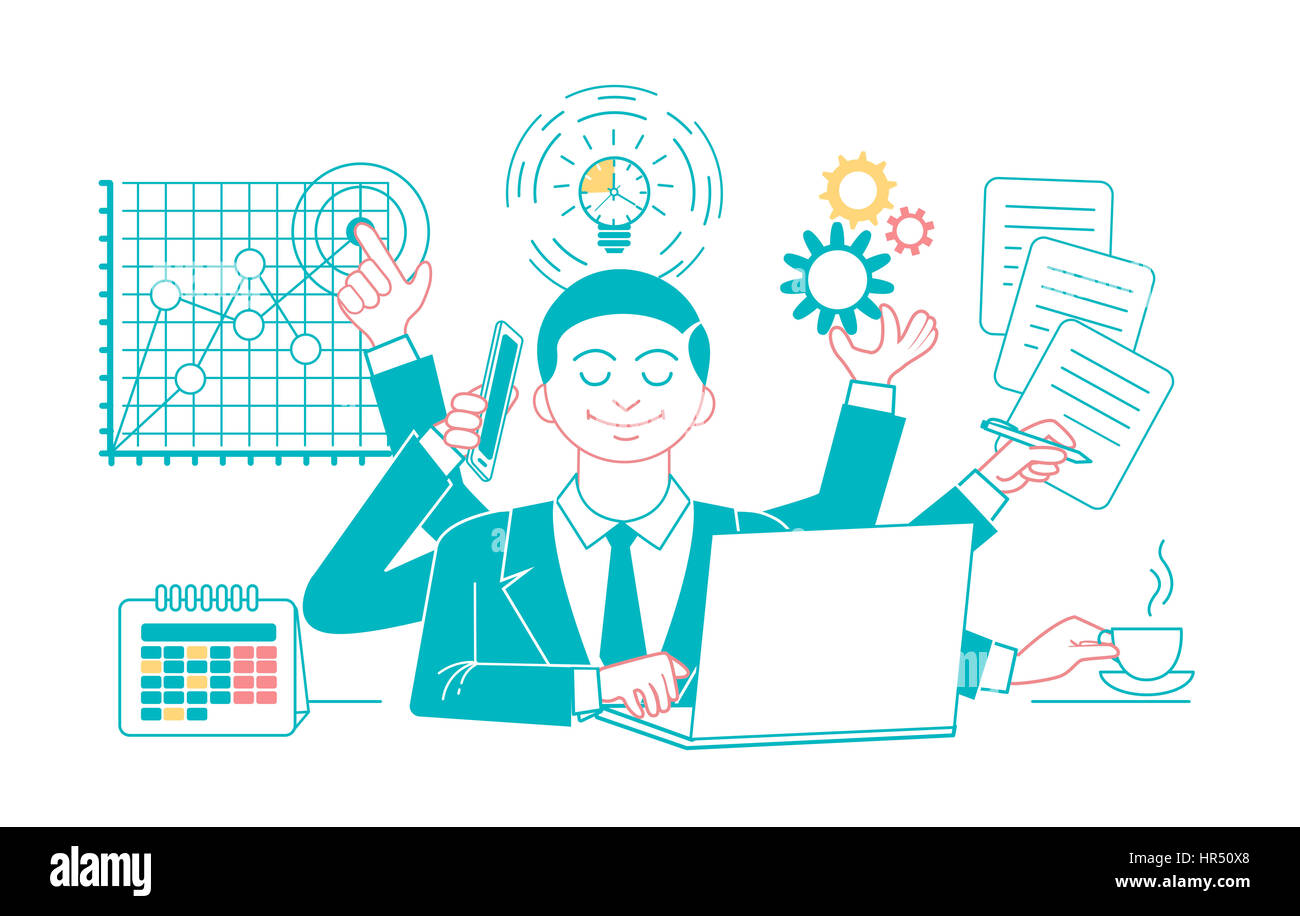 Businessman with multitasking and multi skill. Keep calm. Business concept. Linear style, design Stock Photo