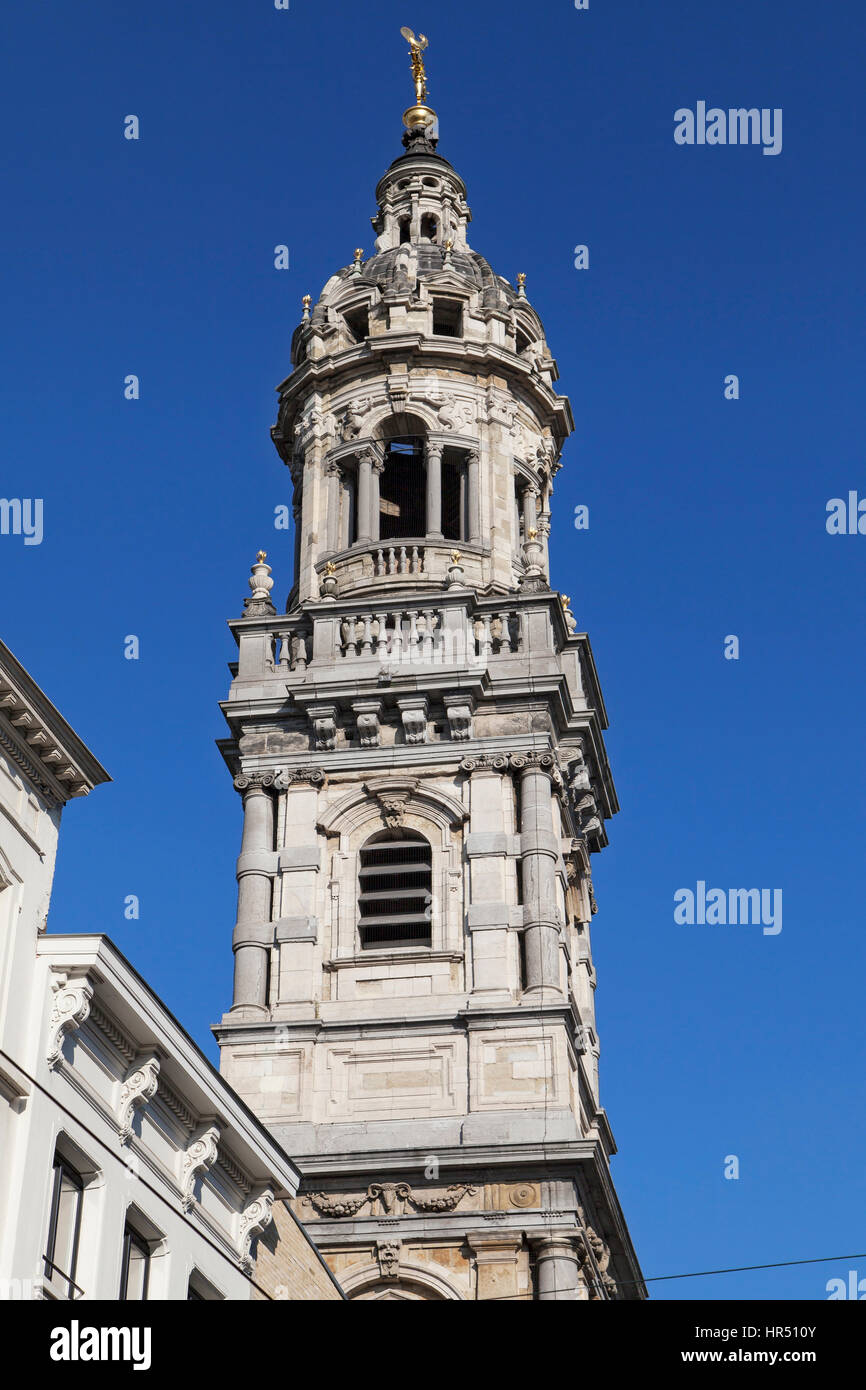 Bell Tower of the Saint Carolus Borromeus Church in Antwerp, Belgium. Stock Photo