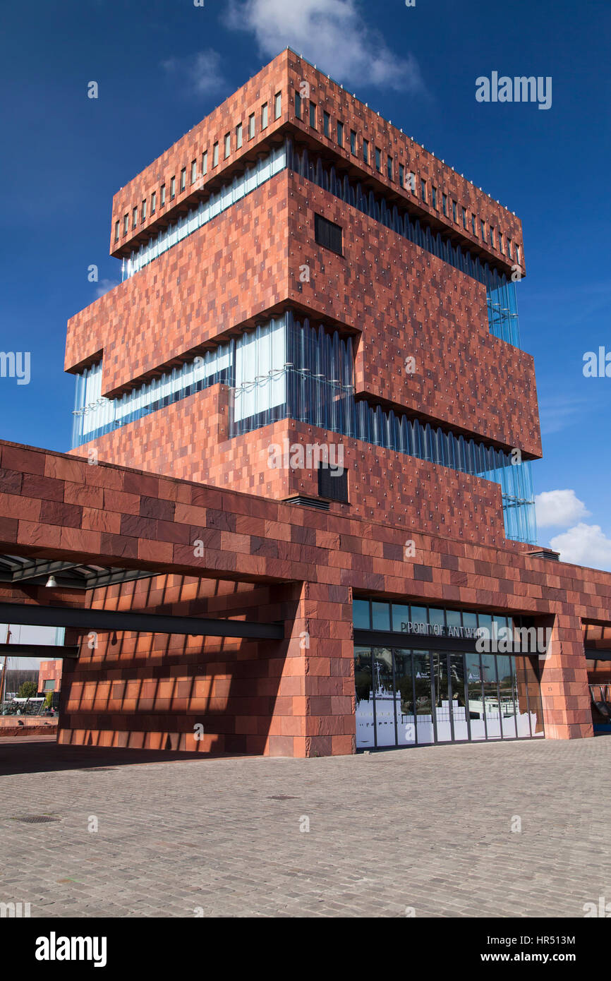 Antwerp, Belgium - October 10, 2016: Building of the Museum aan de Stroom in Antwerp, Belgium. Built during 2006-2010, it was designed by Neutelings R Stock Photo