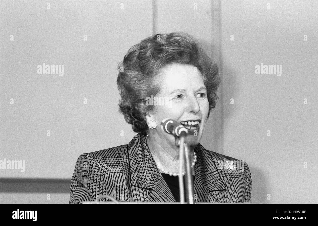 Rt. Hon. Margaret Thatcher, former Prime Minister of Britain, speaks at a conference in London, England on July 1, 1991. She was the first female Prime Minister of Britain. Stock Photo