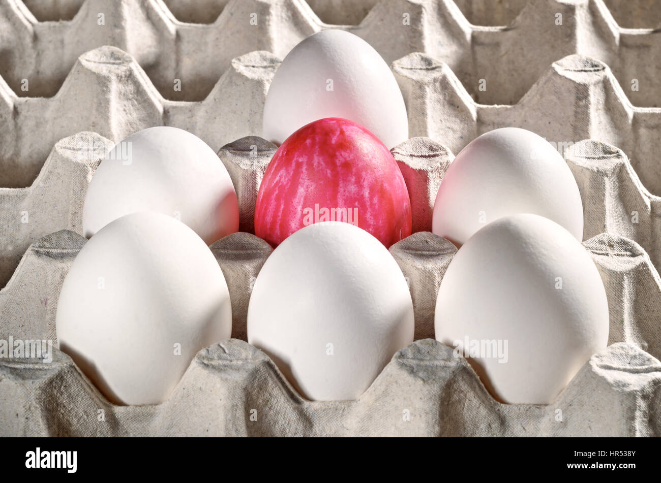 Whites and one red painted Easter egg in a cassette, tray or carton box