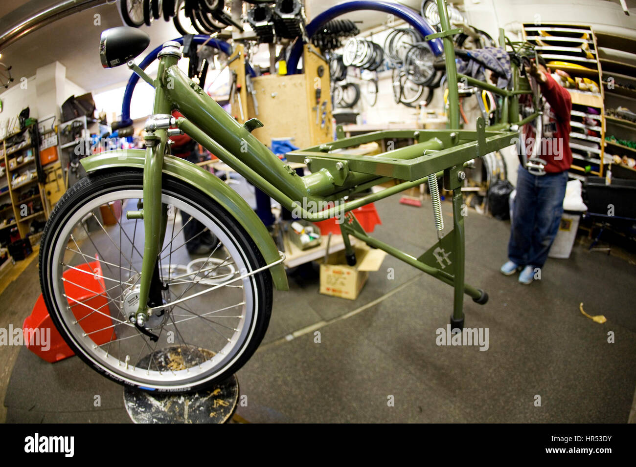 bike repair workshop in Amsterdam Stock Photo