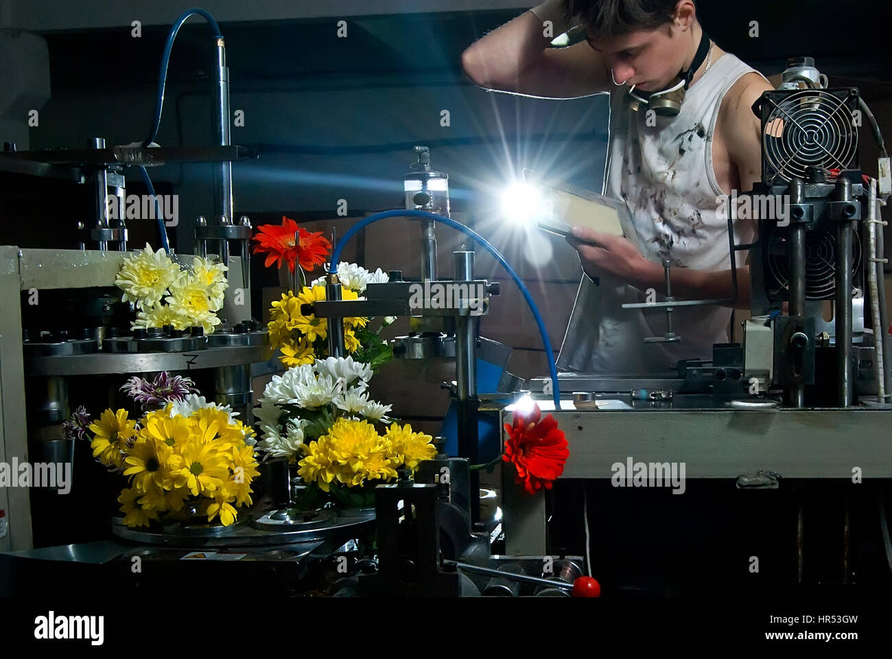 Flowers on the production of machines at the factory with the control ...