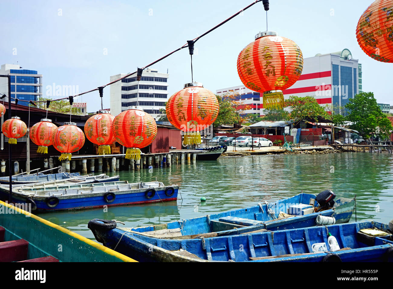 Chew Jetty Penang, Malaysia with Chinese Lanterns, Tourist and Asia Tourism Pulau Pinang kopitiam Stock Photo