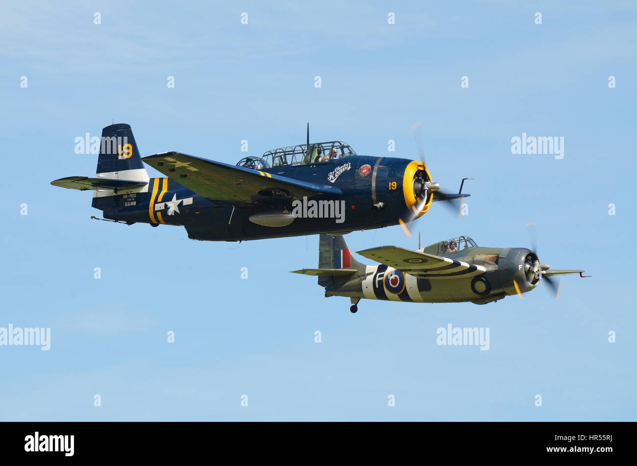 Grumman Avenger (foreground) and Grumman Wildcat (Martlet in British use) at the Flying Legends Air Show at IWM Duxford Stock Photo