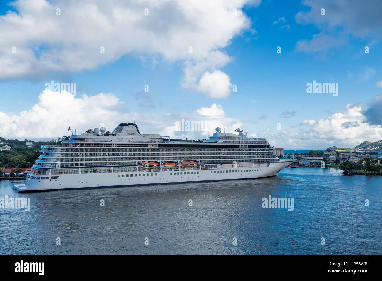 A huge luxury cruise ship docked in the Caribbean port of St Lucia
