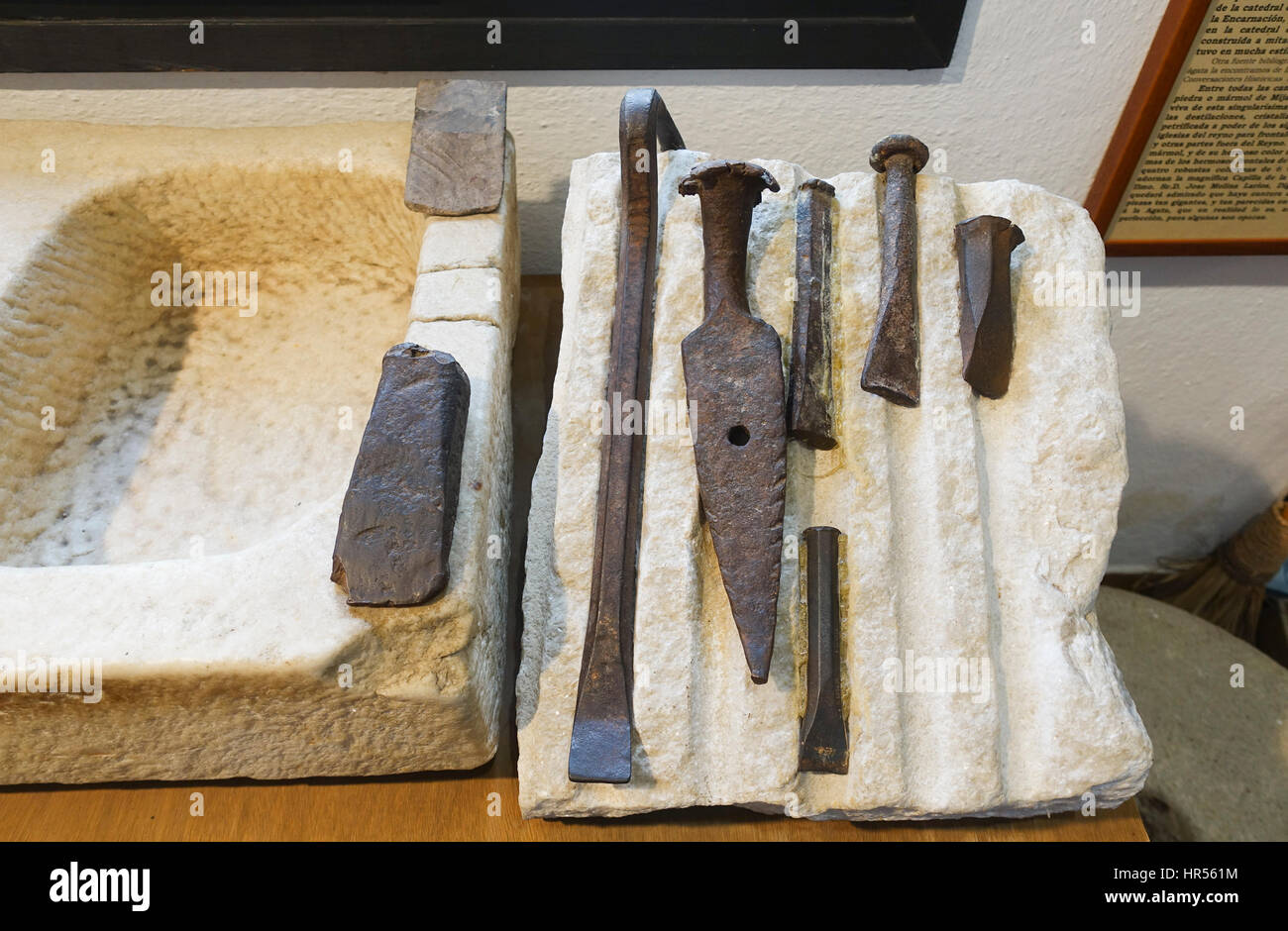 Ancient Stone cutters hand tools at the Ethnological Museum Mijas