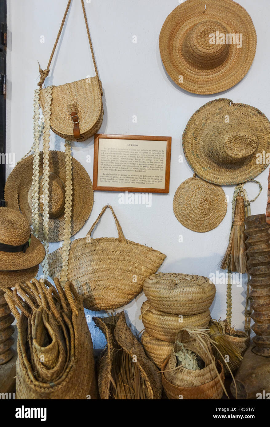 Several products made of Esparto, halfah grass, or esparto grass in Ethnological Museum Mijas, Andalusia, Spain Stock Photo