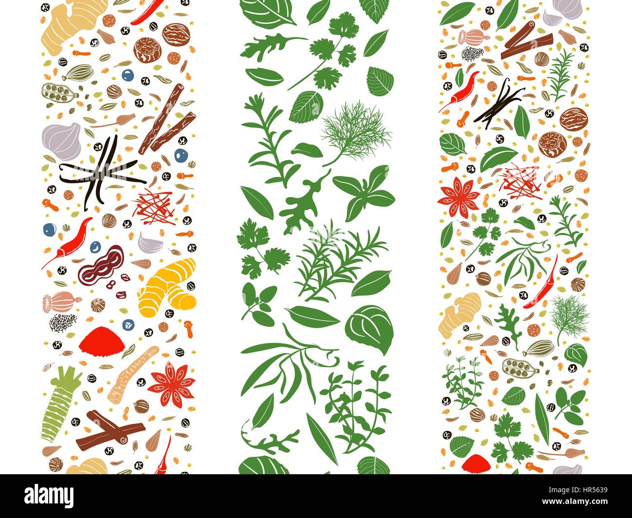 Popular Cooking herbs and spices set organized in three ribbons. Culinary seasonings flat poster. Design for decoration, store, health care products,  Stock Vector