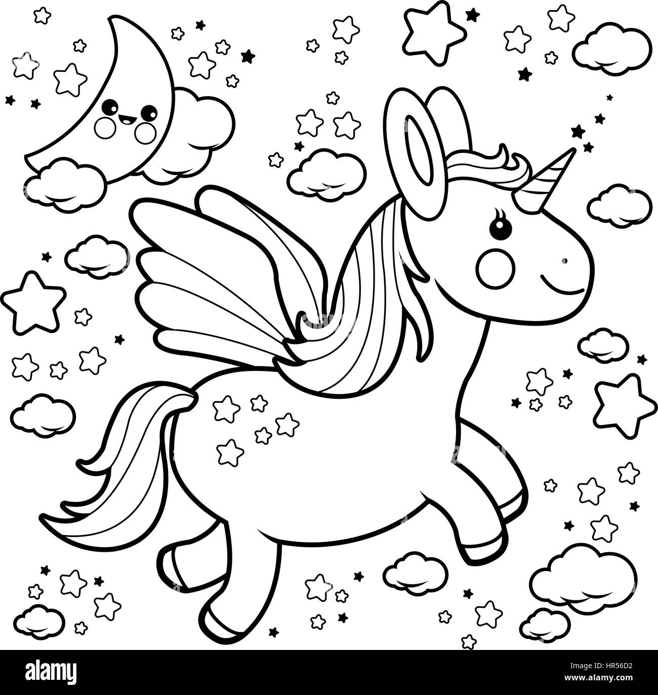 Vector Illustration of a cute unicorn flying in the night sky with moon, stars and clouds. Coloring book page. Stock Vector