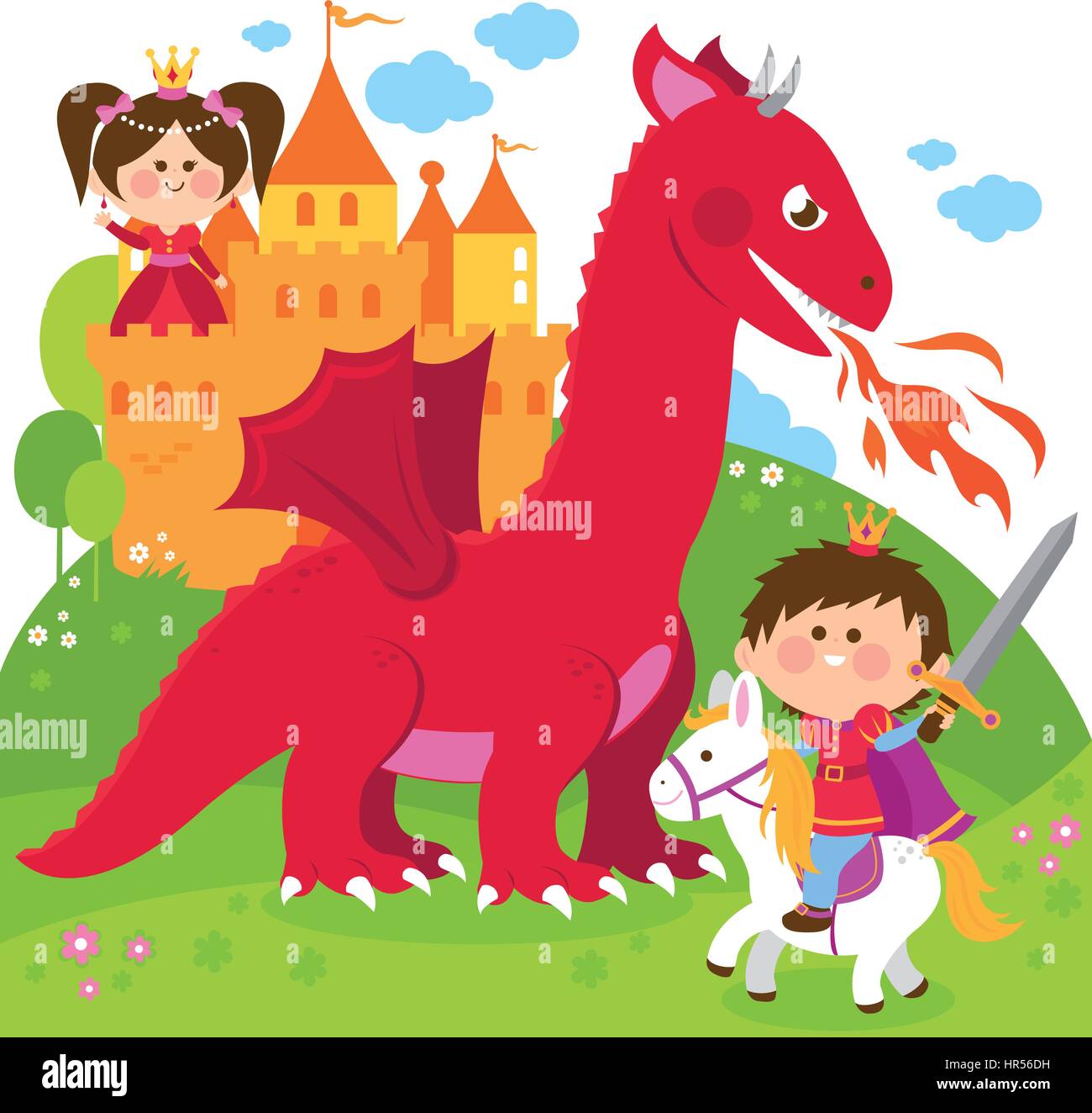 Vector illustration of a handsome prince fighting a fire breathing dragon and saving the beautiful princess at the tower. Stock Vector