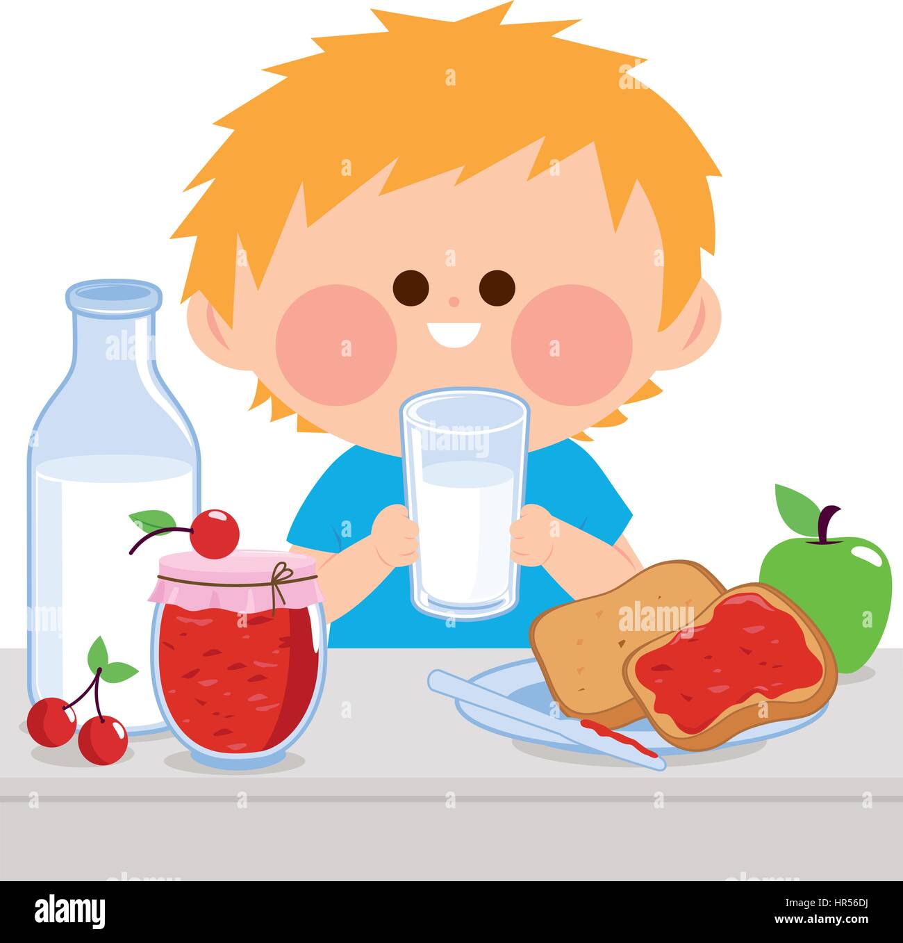 A boy is having his breakfast of milk, jelly, toast, and fruits Stock