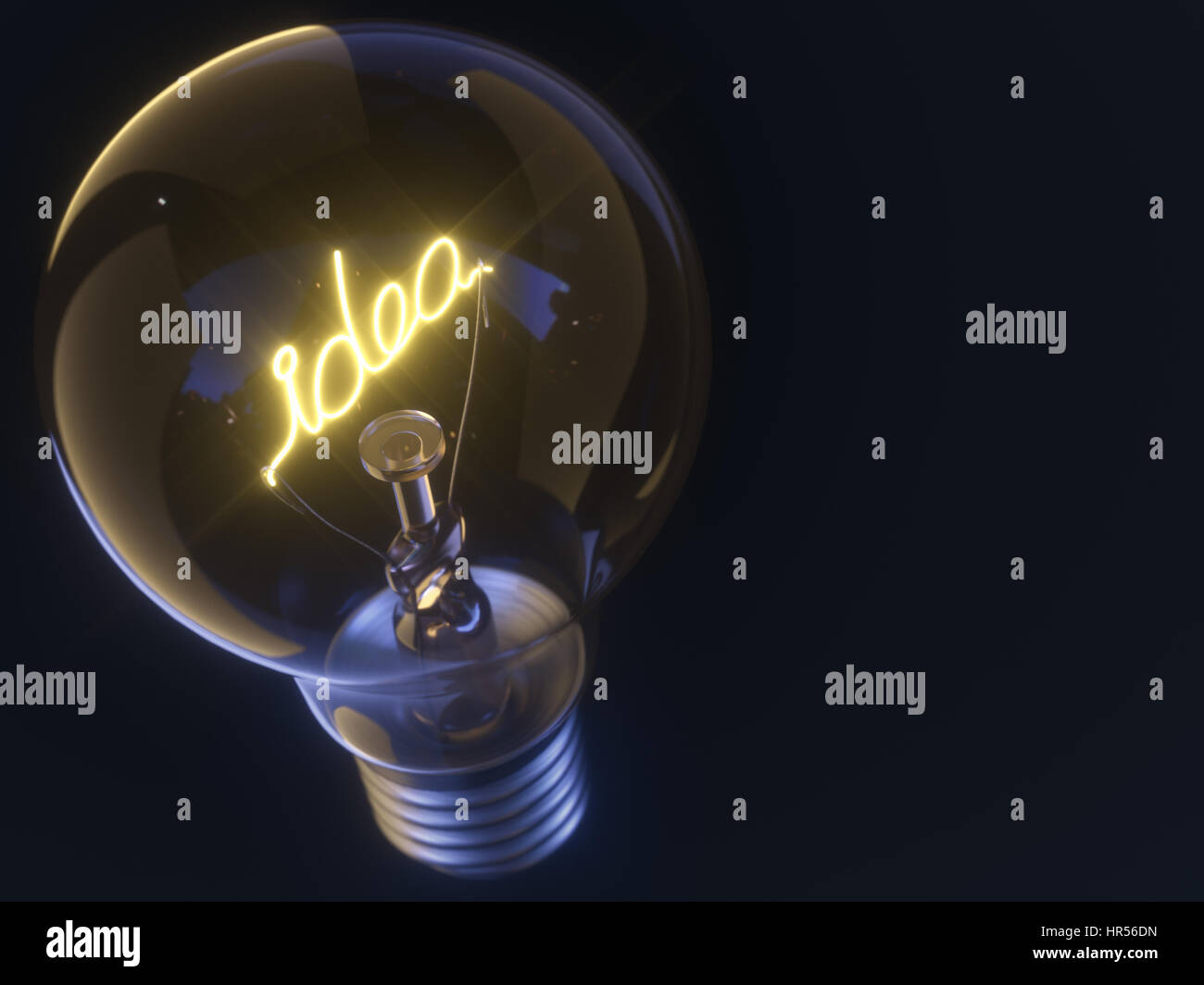 3D illustration. Lamp with filament in the form of the word idea. Stock Photo