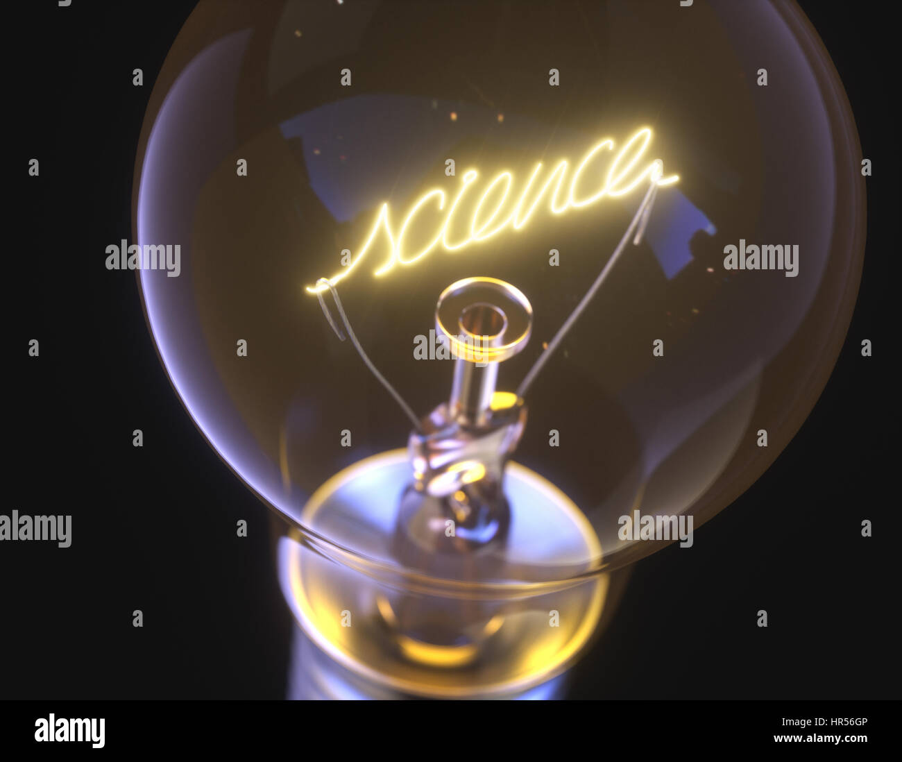3D illustration. Lamp with filament in the form of the word science. Stock Photo