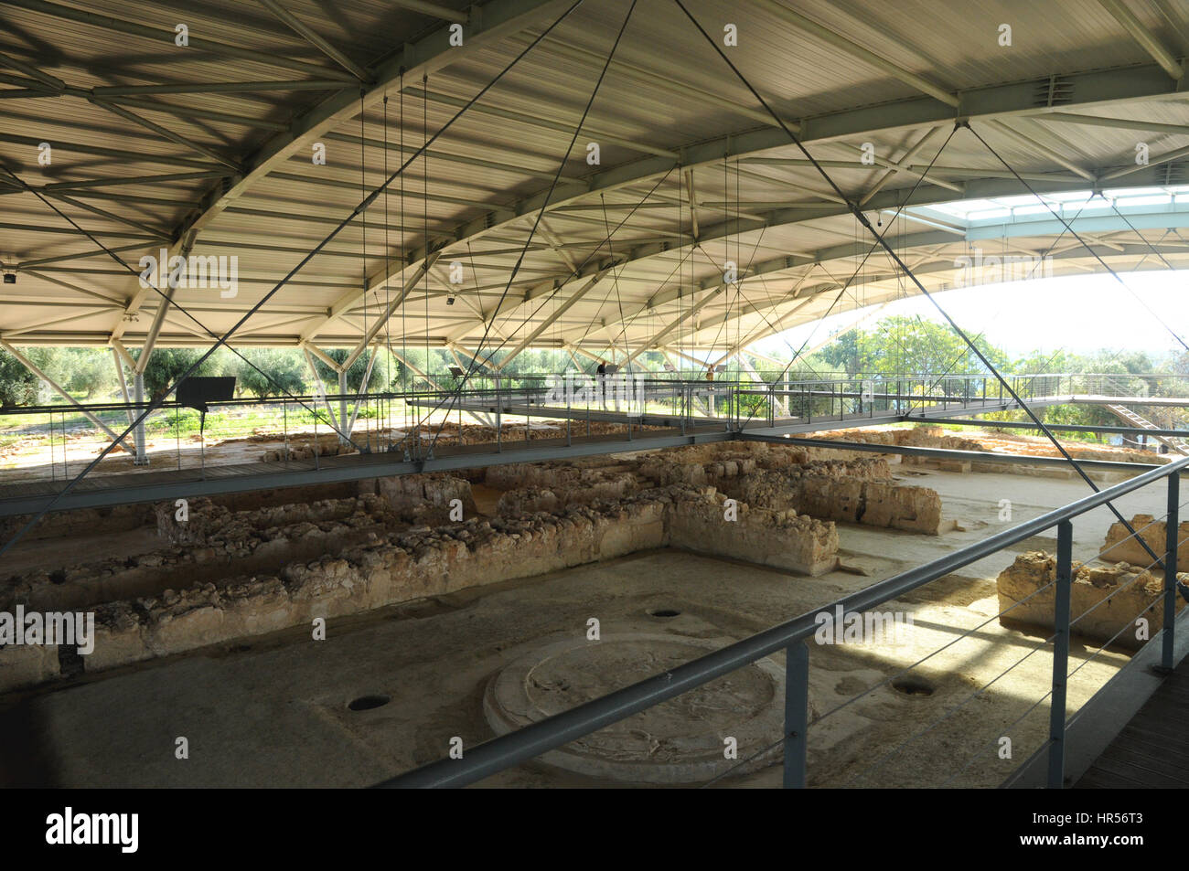 The very recently restored Nestor's Palace Near Pylos in the Greek Peloponnese. The whole site is covered by a canopy to keep the weather off the site. Stock Photo