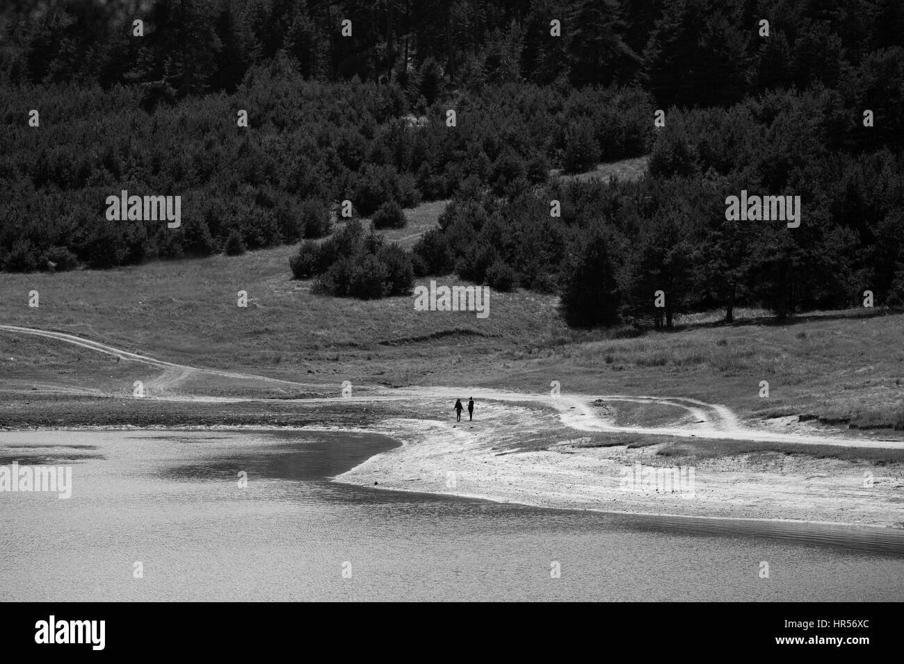 walk on the lake beach, couple in black and white landscape Stock Photo ...