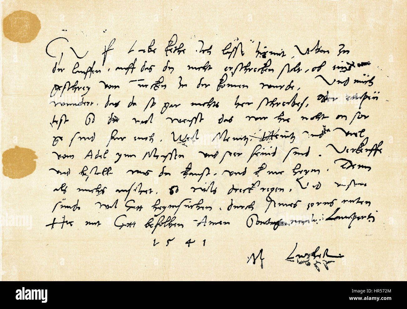 Document written by Martin Luther to Katharina von Bora, 1541 Stock Photo