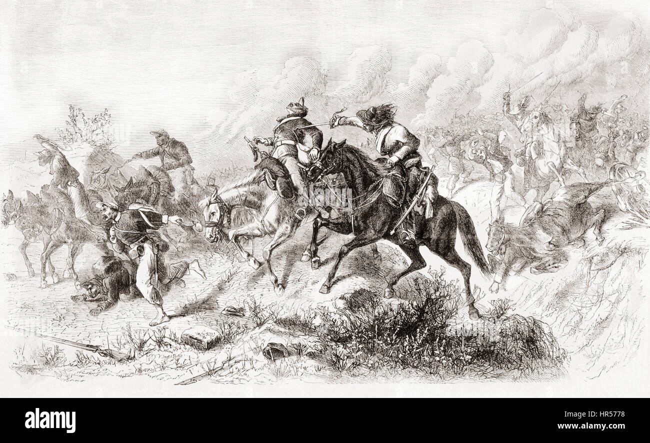 The defeat of guerrilla fighter Hawkins by Colonel Joseph Shelby during the American Civil War (1861-1865). Joseph Orville 'Jo' Shelby, 1830 – 1897.  Confederate cavalry general in the Trans-Mississippi Theater of the American Civil War.  From L'Univers Illustre, published June 1863 Stock Photo