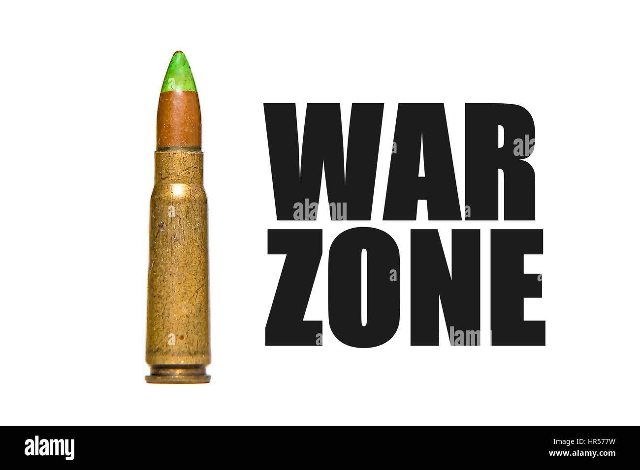 Rifle bullet on white background with text WAR ZONE Stock Photo - Alamy